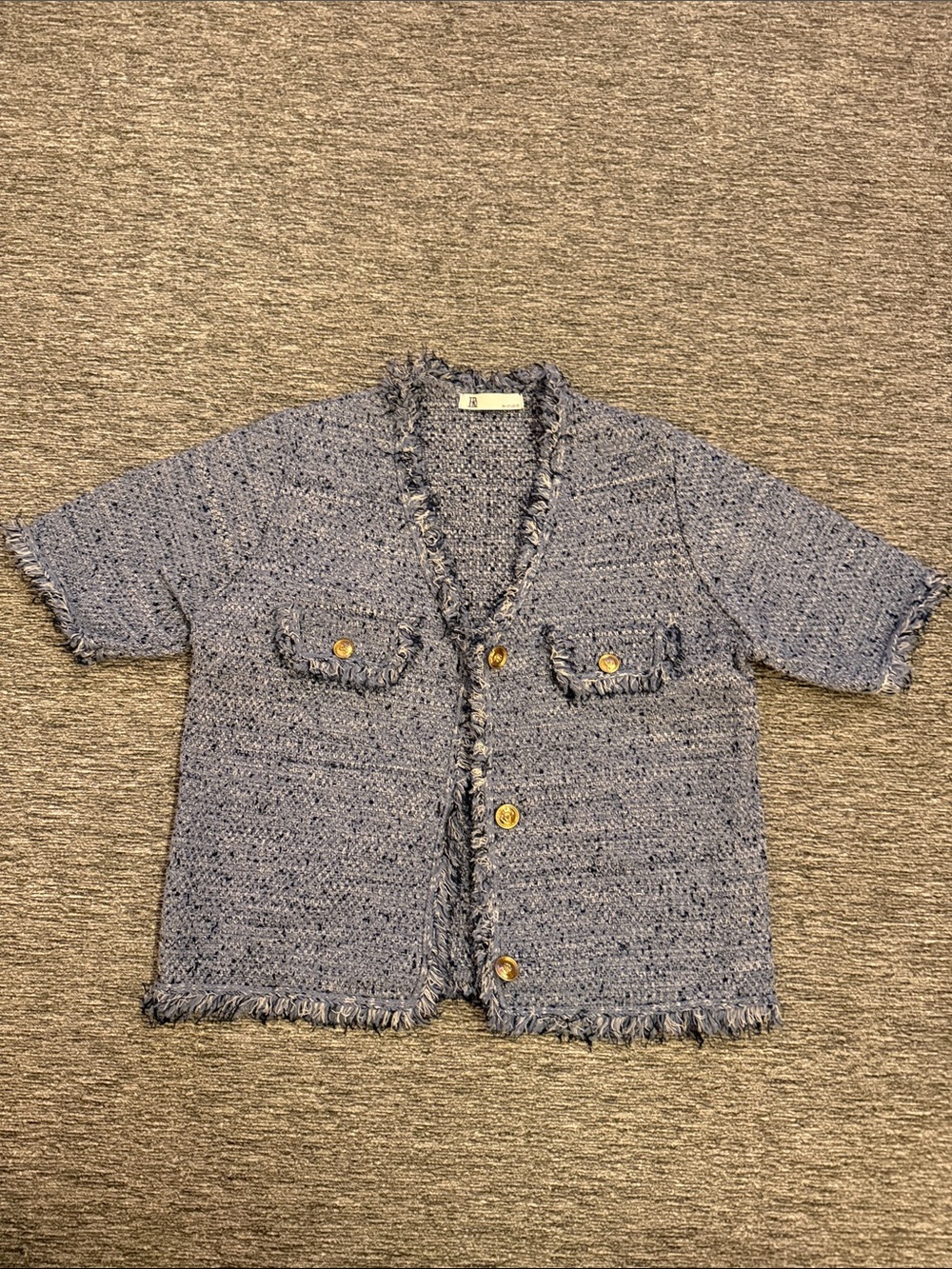 Frayed Edge Short-Sleeve Knit Cardigan - Light Blue